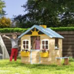 Wooden Playhouse for Kids Outdoor Garden with Working Door, Windows, Bench, Service Station, Flowers Pot Holder, Blue - Image 2