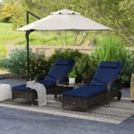 2 Reclining Chaise Lounge Chairs, Rolling Outdoor Chairs with Cushion, Pillow, Headrest, Armrests, and Wheels, Dark Blue - Image 2