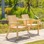 Patio Bench, Garden Bench with Middle Table and Umbrella Hole, Wooden Outdoor Bench for Patio, Porch, Poolside, Balcony, Natural - Image 2