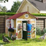 Wooden Playhouse for Kids Outdoor with Doors, Windows, Planter Pots and Boxes for Toddlers 3-8 Years, Beige - Image 2