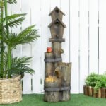 Outdoor Fountain with Birdhouse, Cascading Garden Waterfall Bird Bath with 3-Tier Rustic Tree Trunk / Log Design, LED Lights for Porch, Deck, Yard Decor, Brown - Image 7