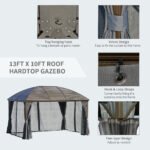 10' x 13' Hardtop Gazebo with Curtains, Netting, Pavilion with Steel Roof Ceiling Hook for Garden Patio, Gray - Image 6