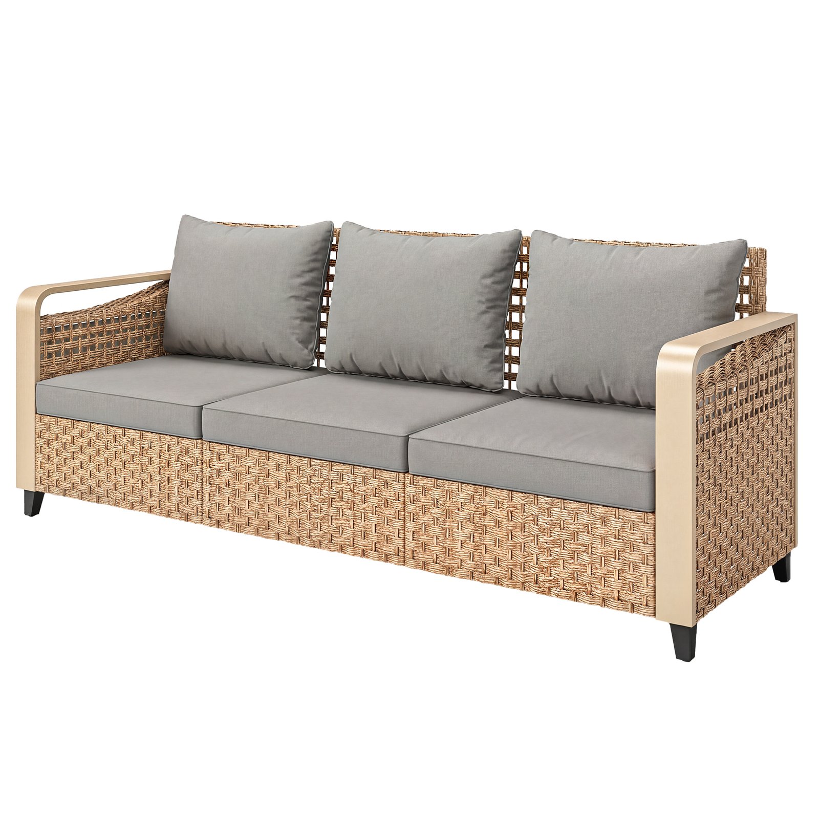 Lqwc2219d2cfb2b9b.jpg Rattan Wicker Sofa 3-Seater Outdoor Patio Sofa with Cushions for Garden Backyard Porch Gray - Image 1