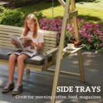 3 Seat Wooden Porch Swing with Stand, Patio Swing with Cushion, for Garden, Poolside, Backyard, Natural Wood - Image 6