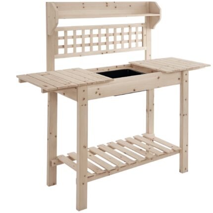 Outdoor Potting Bench Table, 39" x 18" x 55", with Sliding Tabletop, Storage Shelf and Dry Sink, Natural