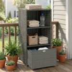 Valet Pool Towel Rack, Water-Resistant PE Plastic Rattan Wicker Storage Organizer, 2 Shelves, 1 Basket Drawer, Dark Gray - Image 2