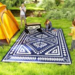 Reversible Outdoor Rug, Waterproof Plastic Straw with Carry Bag, 9' x 18', Blue & White Square Patchwork - Image 2