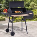 Charcoal BBQ, Portable Grill with Wheels, All-in-One Grill, Side vent, Two Shelves and Metal Grating, Lit-Mounted Thermometer, Wooden Handle, for Outdoor Cooking, Black - Image 2