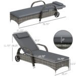 2 Reclining Chaise Lounge Chairs, Rolling Outdoor Chairs with Cushion, Pillow, Headrest, Armrests, and Wheels, Gray - Image 3