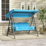 3-Seat Outdoor Porch Swing Chair with Adjustable Canopy, Cushion and Pillows for Garden, Poolside, Blue - Image 2