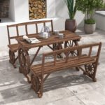 Patio Table and Chairs for 4 People, Wagon Wheel Design, Outdoor Furniture Set for Backyard, Garden, Carbonized - Image 2
