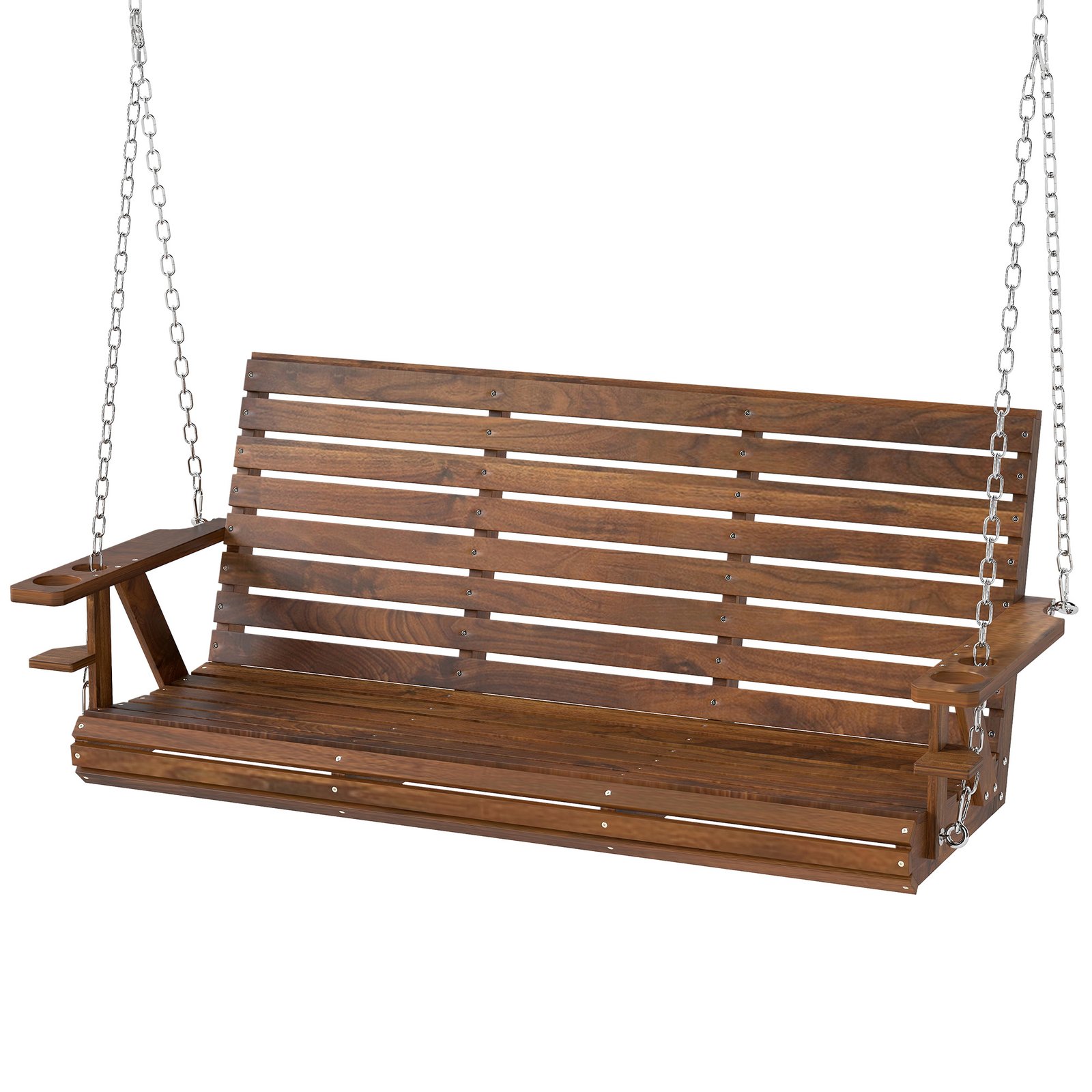 MMEb53195a6fd51c4.jpg 3-Seater Swing Bench, Wooden Porch Swing with Cupholders, Hanging Chains for Patio Garden, Carbonized - Image 1