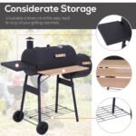 Charcoal BBQ, Portable Grill with Wheels, All-in-One Grill, Side vent, Two Shelves and Metal Grating, Lit-Mounted Thermometer, Wooden Handle, for Outdoor Cooking, Black - Image 7