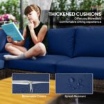 7 Piece Wicker Patio Furniture Set, Modular Outdoor Sectional with Thickened Cushions, Acacia Wood Table, Brown/Blue - Image 6