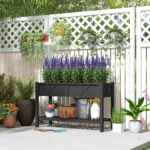 Raised Garden Bed, 47 x 22 x 31.5 in. Elevated Wood Planter Box with Storage Shelf, Drainage Holes, and Liner, Black - Image 2