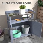 Outdoor Wooden Potting Bench with Storage Cabinet, Aluminum Tabletop, Rubber Wheels for Backyard, Patio, Balcony, Gray - Image 6