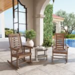2 Pieces Outdoor Rocking Chairs, HDPE Patio Rockers with 28" High Back, Wide Armrests for Porch Backyard, Brown - Image 2