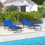 2 Folding Chaise Lounge Pool Chairs with 4-Position Reclining Back, Pillow, Breathable Mesh & Bungee Seat, Blue - Image 7