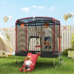 4 x 6FT Trampoline for Kids Indoor & Outdoor with Slide, Swing, Basketball Hoop and Safety Enclosure, Red - Image 2