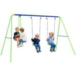 Metal Swing Set with Glider, Two Swing Seats and Adjustable Height, Outdoor Heavy Duty A-Frame Suitable for Playground, Backyard, Green