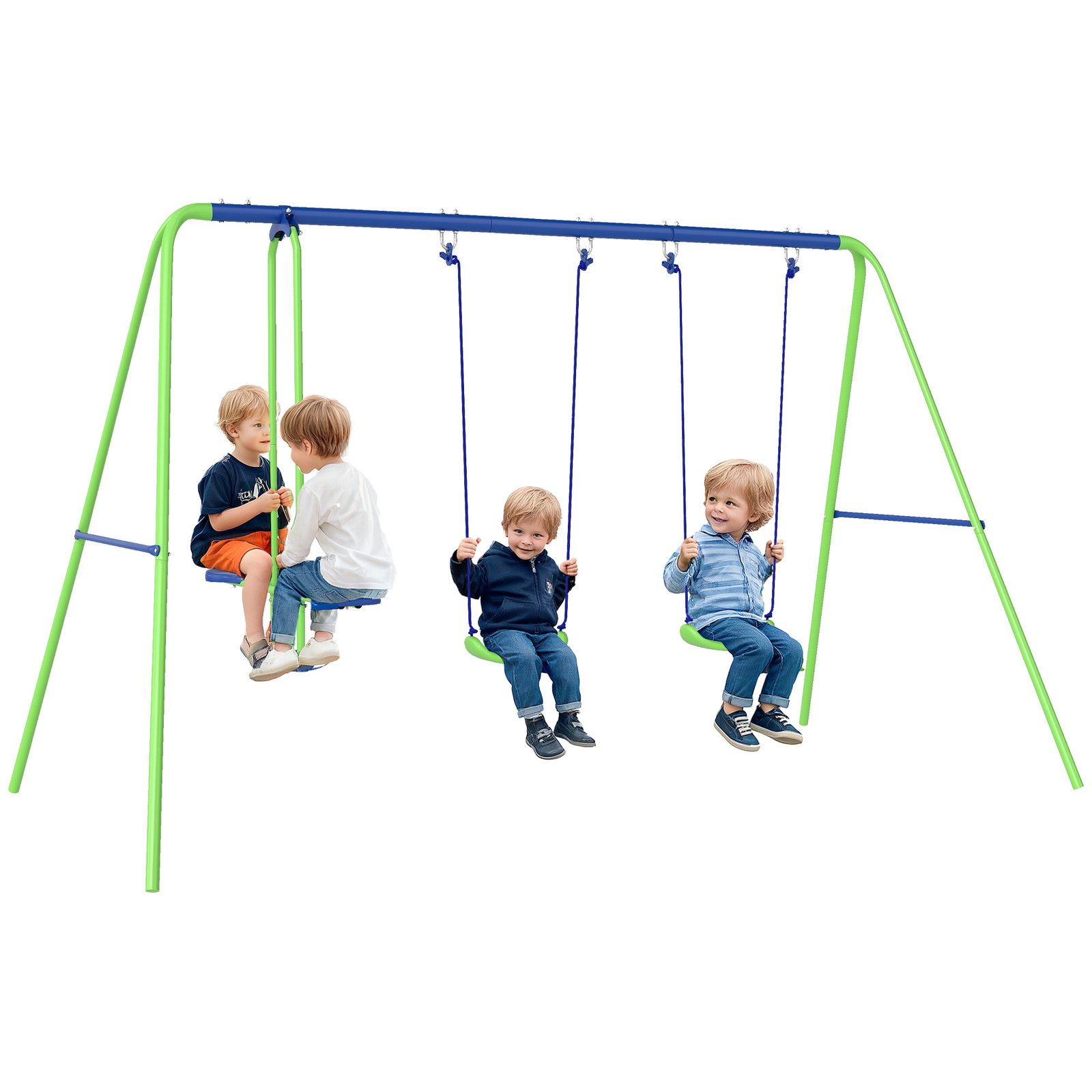 MtX6dd1993cc5e7b1.jpg Metal Swing Set with Glider, Two Swing Seats and Adjustable Height, Outdoor Heavy Duty A-Frame Suitable for Playground, Backyard, Green - Image 1