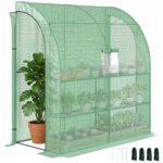 7' x 3' x 7' Lean to Greenhouse, Walk-In Green House, Plant Nursery with 2 Roll-up Doors and Windows, PE Cover and 3 Wire Shelves, Green