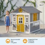 Wooden Playhouse for Kids Outdoor with Doors, Windows, Planter Pots and Boxes for Toddlers 3-8 Years, Gray - Image 3