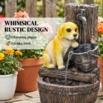 22" Outdoor Fountain with 3-Tier Puppy Theme, Resin Garden Fountain with LED Lights, Adjustable Flow, Rustic Brown - Image 4