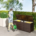 175 Gallon Outdoor Storage Box with Inner Liner, PE Rattan Wicker Deck Box with Pneumatic Bar Lift, Mixed Brown - Image 2