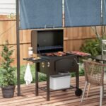Charcoal BBQ Grill w/ Adjustable Height, Folding Shelves, Thermometer, and Wheels, Black - Image 2