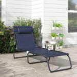 Folding Chaise Lounge Pool Chair with 4-Position Reclining Back, Pillow, Breathable Mesh & Bungee Seat, Dark Blue - Image 2