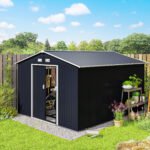 11' x 9' Outdoor Storage Shed, Garden Tool Metal Shed with Foundation Kit, Double Lockable Door, Air Vents and Sloping Roof, for Backyard, Patio, Lawn, Dark Gray - Image 2