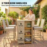 5 Piece Wicker Outdoor Bar Set, Acacia Wood Outdoor High Top Table and Chairs with 3 Tier Shelves, Cushions, Brown - Image 4