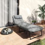 Folding Chaise Lounge Pool Chair with 4-level Reclining Back, Cushion, Side Pocket, Headrest, Gray - Image 8