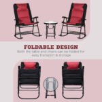 3 Piece Outdoor Patio Furniture Set with Glass Coffee Table & 2 Folding Padded Rocking Chairs, Bistro Style for Porch, Camping, Balcony, Red - Image 5