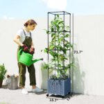 Raised Garden Bed with Trellis, Tomato Cage with Lockable Wheels, Self Watering Planter Box with Drainage Holes, Gray - Image 3