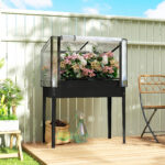 Raised Garden Bed with Flip-Up Greenhouse Cover, Metal Elevated Garden Bed with Legs and Drainage Hole, Black - Image 2