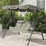 3-Seat Outdoor Patio Swing Chair w/ Cushion, Steel Frame Stand, Adjustable Tilt Canopy for Patio, Garden, Beige & Green - Image 2
