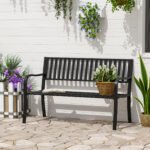 Outdoor Bench, 50" Patio Garden Bench with Slatted Seat, Metal Bench for Backyard, Poolside, Lawn, Black - Image 2