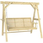 3 Seat Wooden Porch Swing with Stand, Patio Swing with Side Tables, for Garden, Poolside, Backyard, Natural Wood