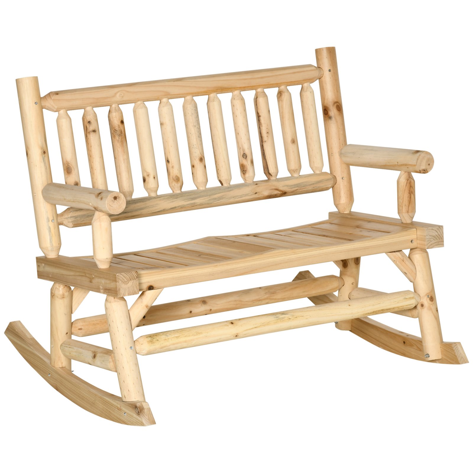 OA154318eef4a6754.jpg 2-Person Wood Rocking Chair with Log Design, Heavy Duty Loveseat with Wide Curved Seats for Patio, Backyard, Garden, Natural - Image 1