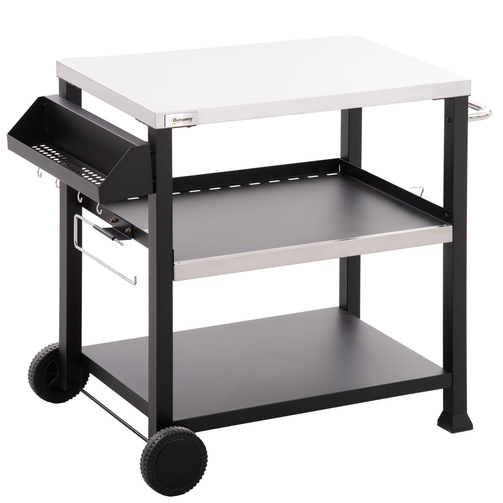 OIce15194948a539b.jpg 3-Shelf Outdoor Grill Cart Table with Side Handle, Stainless Steel Pizza Oven Stand on Wheels, Black - Image 1
