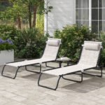 2 Folding Chaise Lounge Pool Chairs with 4-Position Reclining Back, Pillow, Breathable Mesh & Bungee Seat, Dark Blue - Image 2
