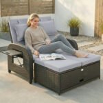 Patio Rattan Daybed, Wicker Outdoor Daybed with Storage Ottoman, Loveseat w/ Adjustable Backrest, Gray - Image 2