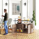 2-Tier Shelf PE Rattan Outdoor Bar Table, Glass Top Outdoor Serving Cart with Cabinet, Mixed Brown - Image 2