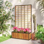 Wooden Raised Garden Bed with Trellis, Removable Pots for Backyard, Patio, Balcony, 29" x 11" x 52", Teak - Image 8