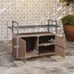 2-Tier Shelf PE Rattan Outdoor Bar Table, Glass Top Outdoor Serving Cart with Cabinet, Mixed Brown - Image 3