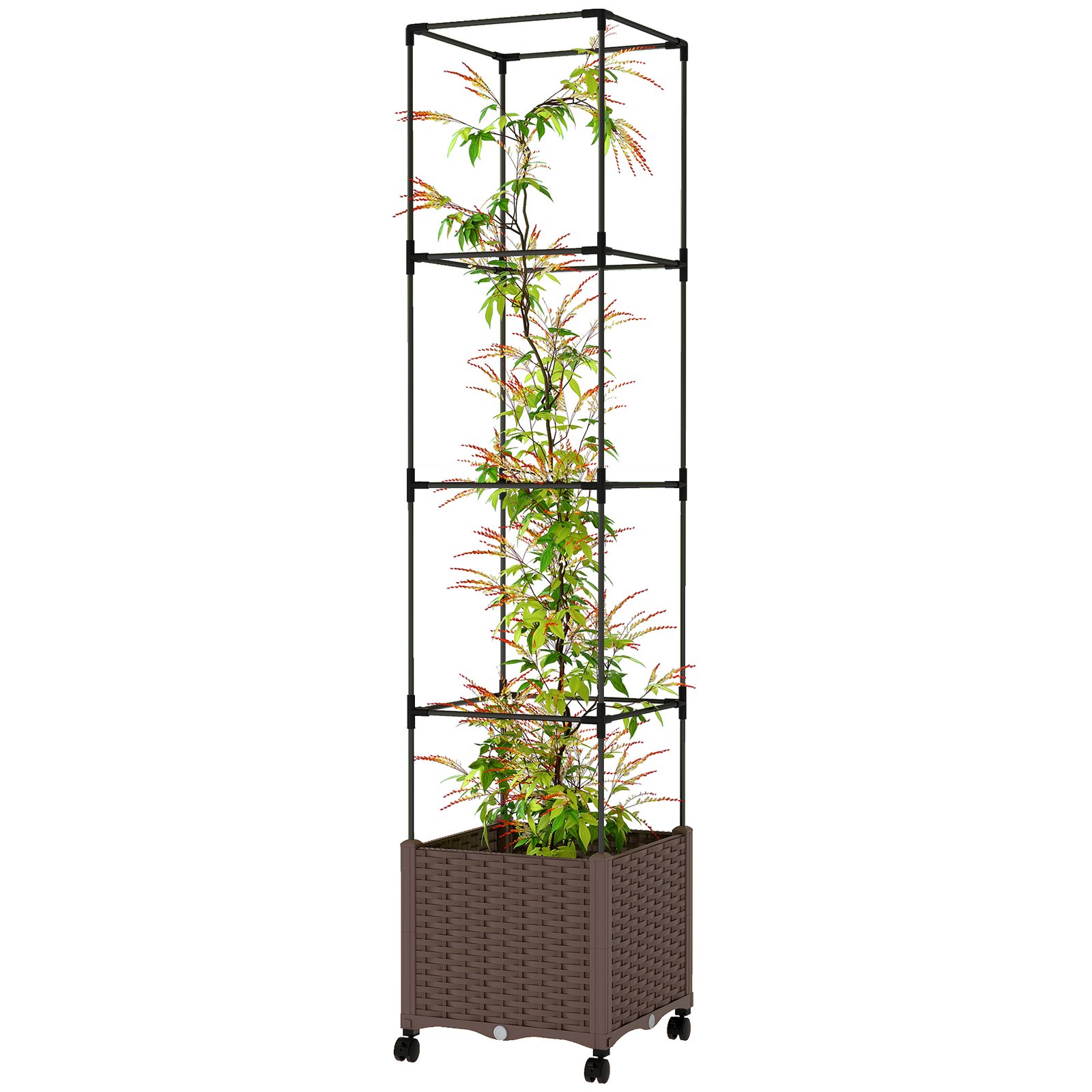 OrXa1319d9cf4ab8b.jpg Raised Garden Bed with Trellis, Tomato Cage with Lockable Wheels, Self Watering Planter Box with Drainage Holes, Brown - Image 1