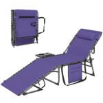 Folding Outdoor Chaise Lounge Chair Tanning Chair with 5-Level Adjustable Back, Side Table, Pillow, Pocket, Purple