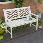 Outdoor Garden Bench, Wooden Frame Patio Bench with Geometric Pattern, 43.25 Inch Weatherproof 2-Person Love Seat for Garden, Lawn, Porch, Yard, Work Entryway, White - Image 2